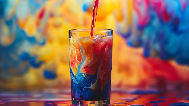 Un'immagine colorata e vibrante di un bicchiere riempito di un arcobaleno di colori