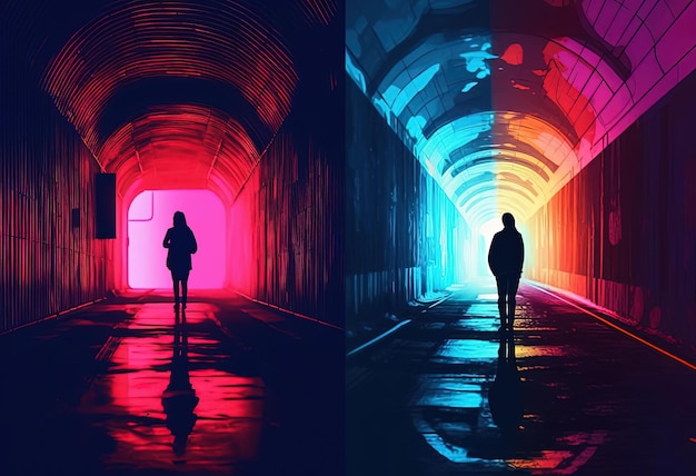 un'immagine con luci al neon in un tunnel