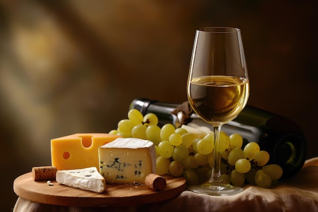 Un'immagine con un bicchiere di vino, una selezione di formaggi e una bottiglia di vino posizionati su un tavolo Immagine iperrealistica di vino e formaggio generata dall'IA