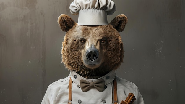 Un'immagine concettuale di un orso che indossa l'uniforme e il cappello di un chef che tiene dei bastoncini di cannella contro
