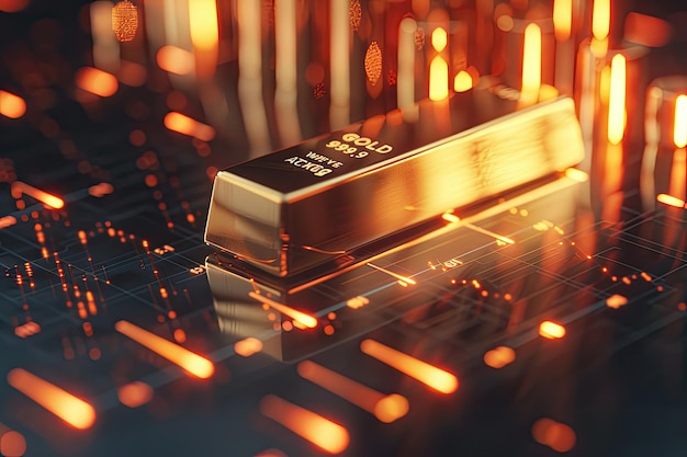 Un'immagine concettuale di una barra d'oro sovrapposta a dati luminosi del mercato finanziario che evidenziano la dinamica del commercio e degli investimenti di materie prime