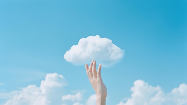 Un'immagine concettuale di una mano che si estende verso una singola nuvola soffice contro un cielo blu limpido