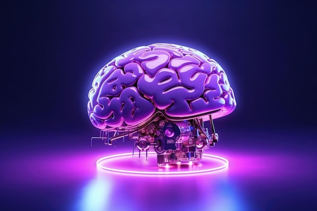 Un'immagine creativa di un cervello al neon incandescente con chip microcircuiti metallici e fili nei colori rosa e viola su uno sfondo blu nero scuro in stile 3d Copia spazio
