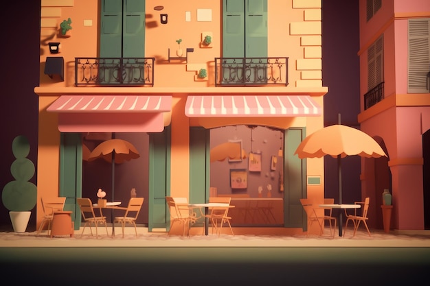 Un'immagine da cartone animato di un caffè con una tenda da sole rosa che dice caffè su di esso.