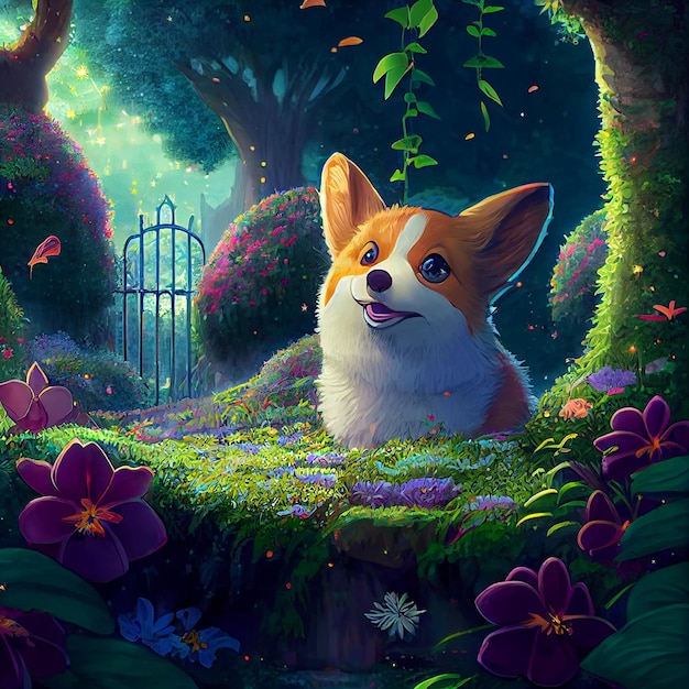 Un'immagine da cartone animato di un cane in un giardino con un cancello che dice corgi.