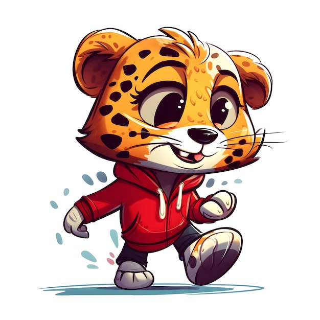 Un'immagine da cartone animato di un ghepardo che indossa una giacca rossa e una felpa con cappuccio con la scritta "Sono un gattone"