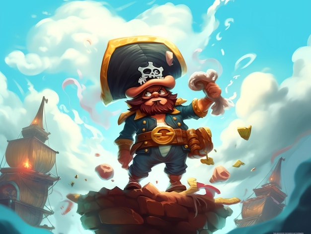 Un'immagine da cartone animato di un pirata con un grande cappello in testa e una grande spada sul petto.