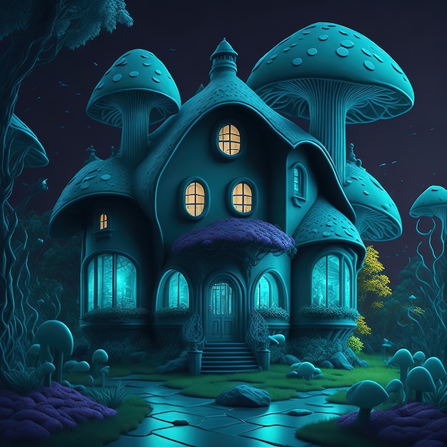 Un'immagine da cartone animato di una casa dei funghi con un tetto blu e una casa dei funghi sul fondo.