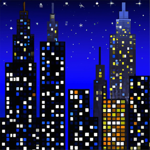 Un'immagine da cartone animato di una città di notte con un cielo notturno e stelle.