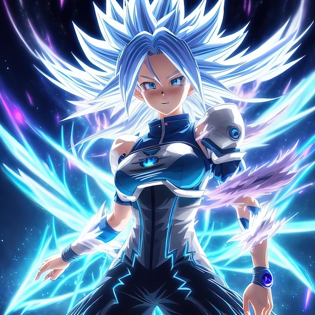 Un'immagine da cartone animato di una donna con i capelli blu e una camicia bianca con sopra la parola "magia".