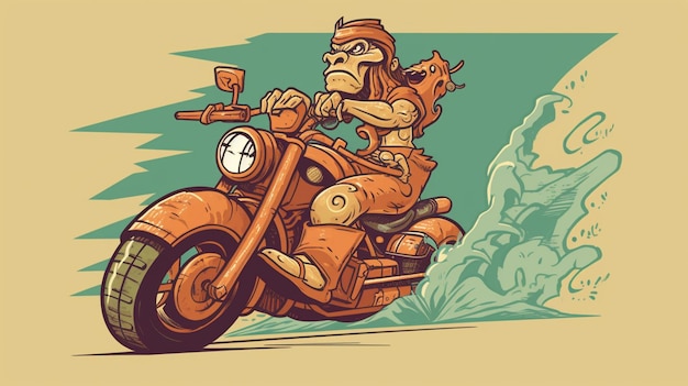 Un'immagine da cartone animato di una scimmia in sella a una motocicletta.