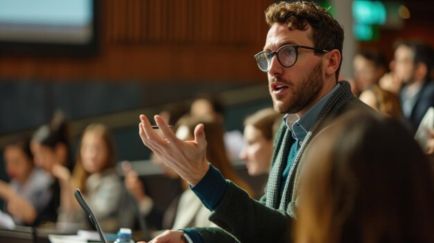 Un'immagine del consulente che fa una presentazione a una conferenza condividendo la sua esperienza sulla gestione