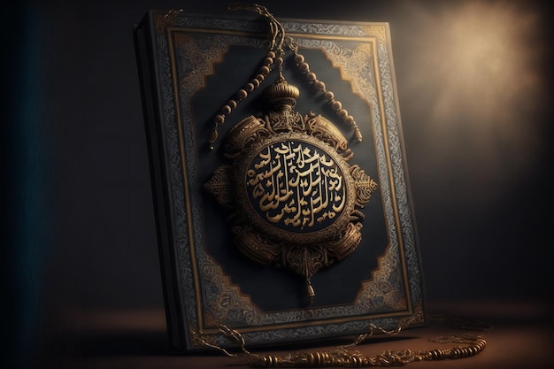 Un'immagine del Corano, scritta in elegante calligrafia araba, con un rosario o tasbih drappeggiato sopra