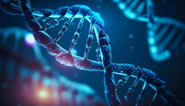 Un'immagine del filamento di DNA su sfondo scuro IA generativa