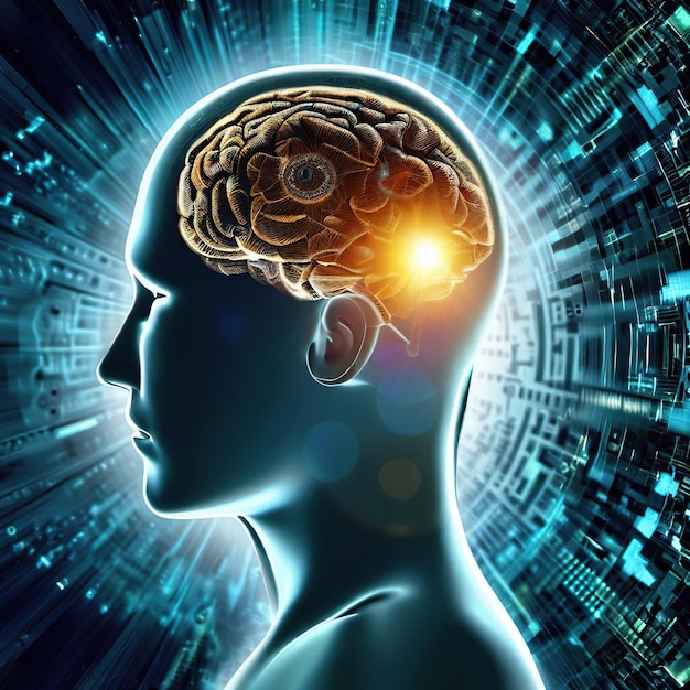 Un'immagine della mente umana sotto forma di linee elettroniche ad alta precisione e colorate e c'è l'elettricità un vero taser con l'IA generativa