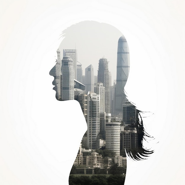 un'immagine della testa di una donna e uno skyline della città.