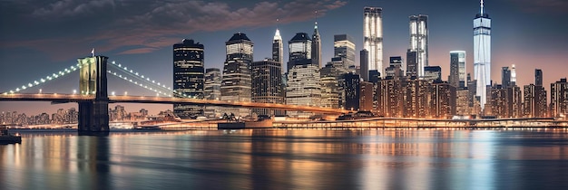 un'immagine dello skyline di New York illuminata di notte nello stile del blu chiaro e dell'oro