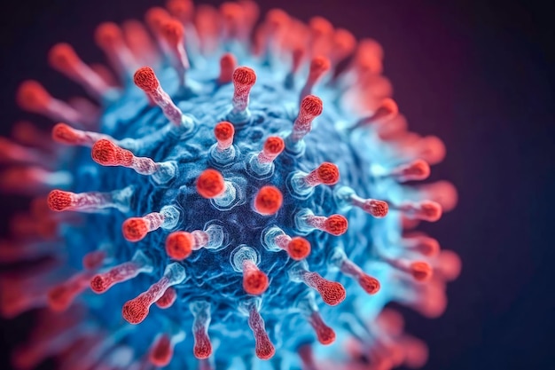 Un'immagine dettagliata di una particella di virus possibilmente coronavirus con la sua superficie a punte e la sua forma circolare definita Generative Ai