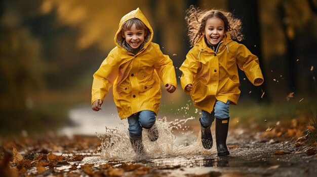 un'immagine di bambini adorabili e divertenti che corrono e giocano in un giorno di pioggia