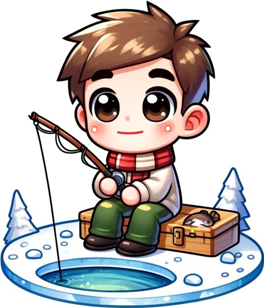 un'immagine di cartone animato di un ragazzo che pesca in uno stagno con un pesce in esso