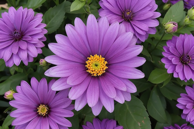 Un'immagine di fiori con un fiore viola al centro