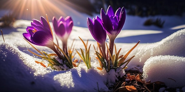 Un'immagine di fiori di croco viola nella neve.