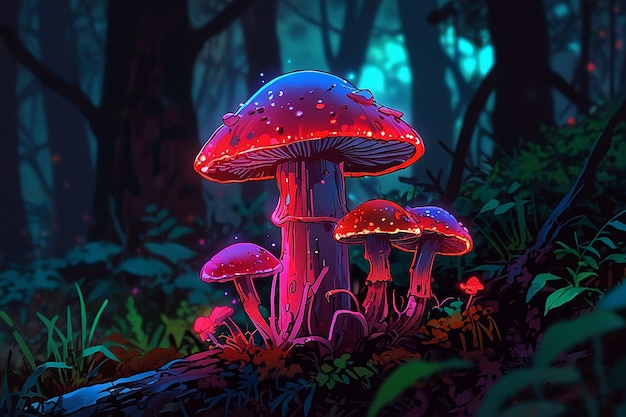 Un'immagine di funghi amanita muscaria in stile neon