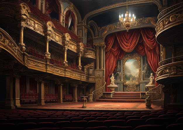 Un'immagine di ispirazione rinascimentale di un interno del teatro con dettagli ornati colori ricchi e drammatici