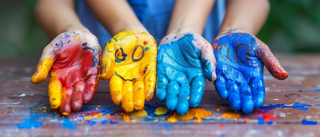 Un'immagine di mani umane sorridenti in vernici colorate