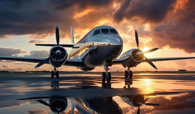 un'immagine di un aereo sulla pista al tramonto in stile cromato