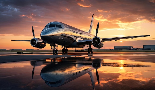 un'immagine di un aereo sulla pista al tramonto in stile cromato