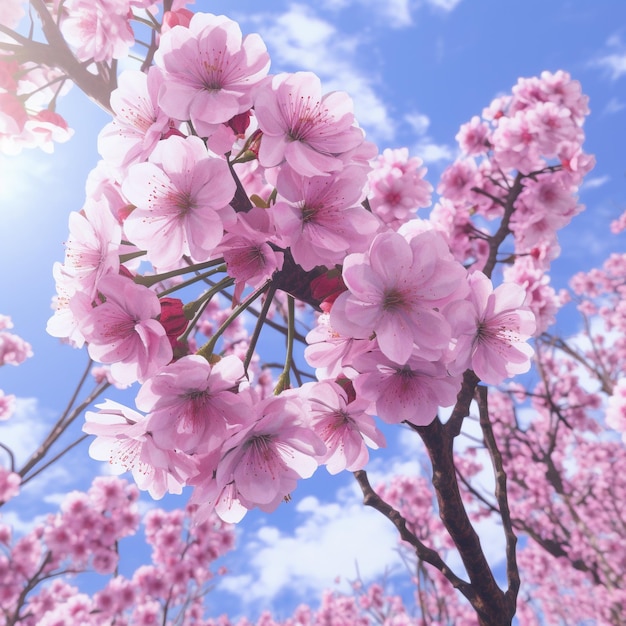 Un'immagine di un albero con fiori rosa e il sole che splende attraverso i rami.