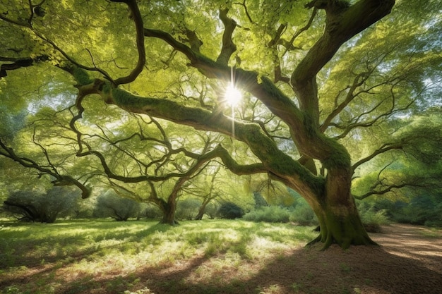 Un'immagine di un albero con il sole che splende attraverso di esso
