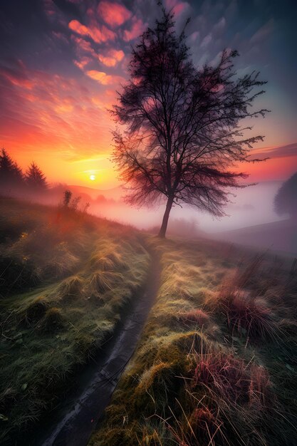 Un'immagine di un albero con il sole che tramonta dietro di esso