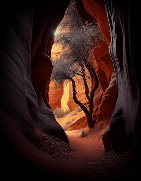 Un'immagine di un albero in un canyon