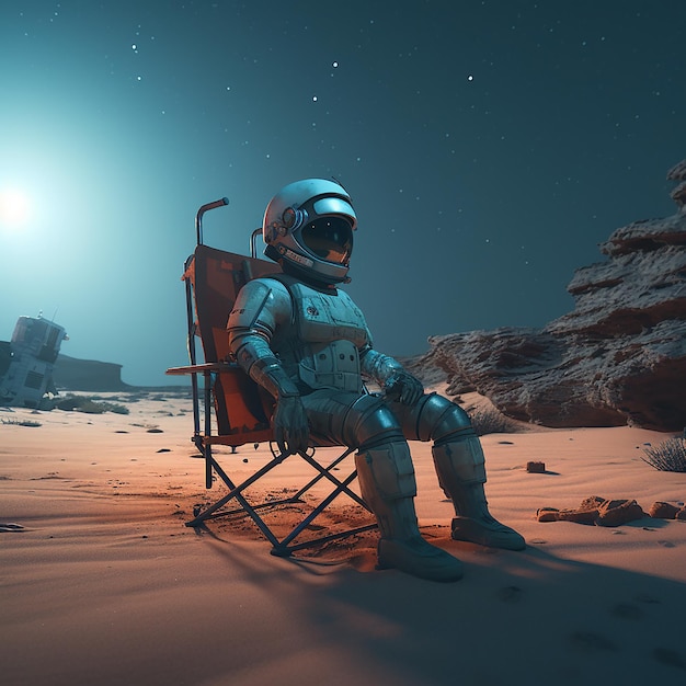 Un'immagine di un astronauta seduto su una sedia nel deserto