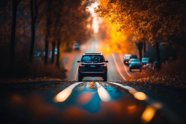 Un'immagine di un'auto che guida lungo la strada in autunno IA generativa
