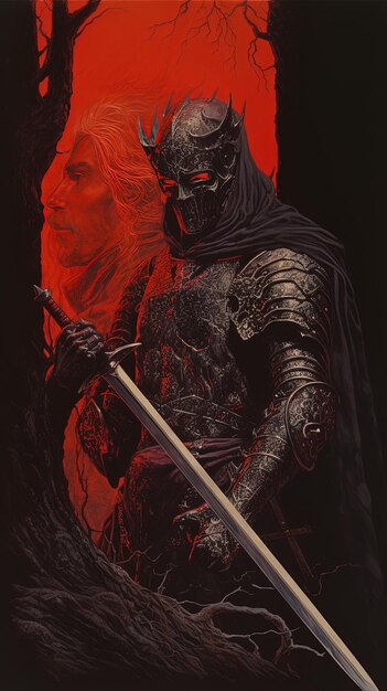un'immagine di un cavaliere e di una donna con una spada