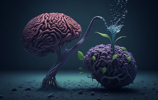 Un'immagine di un cervello con una pianta che cresce da esso