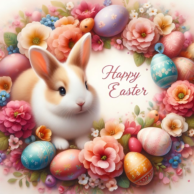 un'immagine di un coniglietto e delle uova di Pasqua con un coniglio sullo sfondo