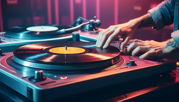 un'immagine di un DJ che gira i dischi in vinile sui giradischi in un nightclub