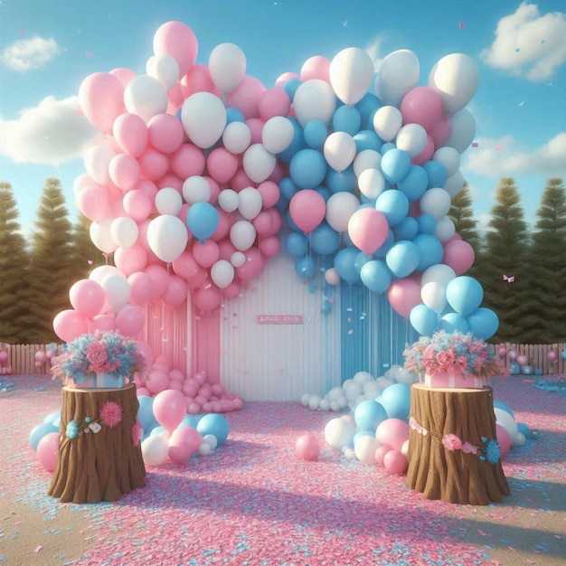 un'immagine di un edificio con palloncini e una porta che dice l'ingresso della casa