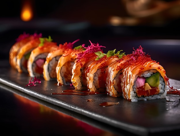 Un'immagine di un fantastico piatto di sushi con colori brillanti e decorazioni complesse IA generativa