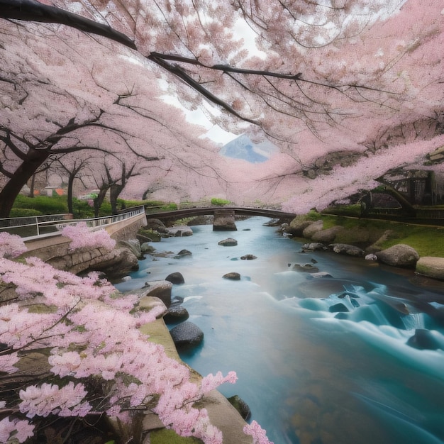 Un'immagine di un fiume con fiori rosa su di esso