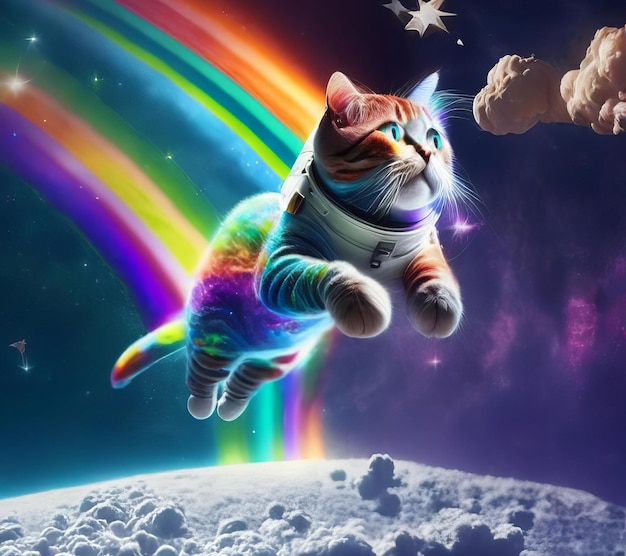 Un'immagine di un gatto astronauta in una colorata galassia di bolle su un altro pianeta