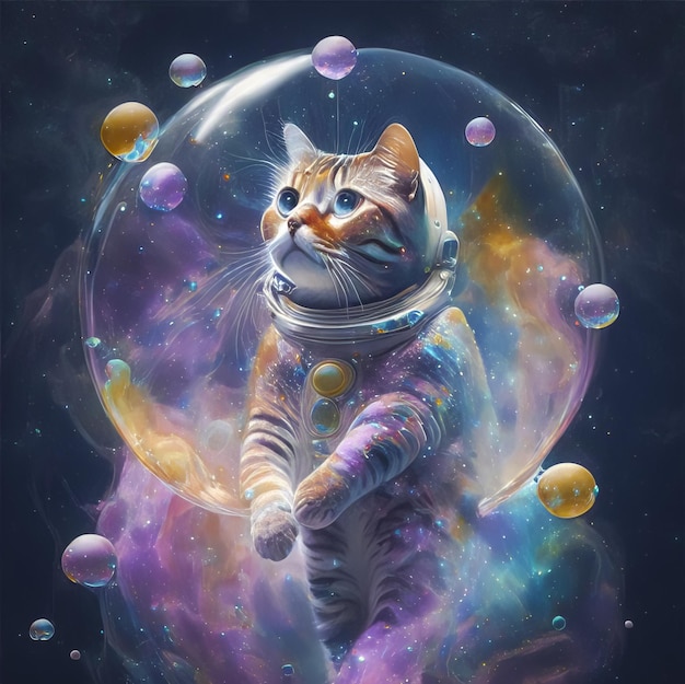 Un'immagine di un gatto astronauta in una colorata galassia di bolle su un altro pianeta