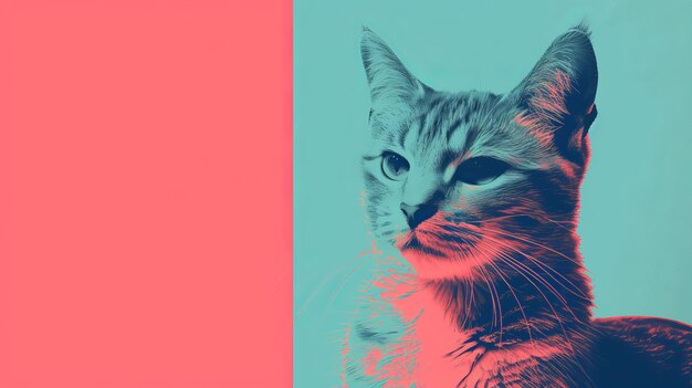 Un'immagine di un gatto seduto su uno sfondo rosa e blu