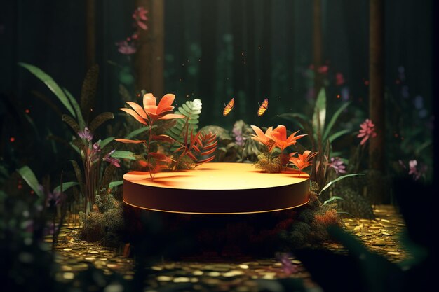 Un'immagine di un giardino fiorito con sopra una chitarra