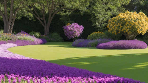 Un'immagine di un giardino misteriosamente seducente con fiori viola AI Generative
