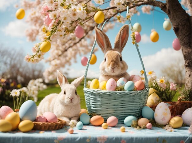 Un'immagine di un grande coniglietto di Pasqua che porta un cesto pieno di uova fuori